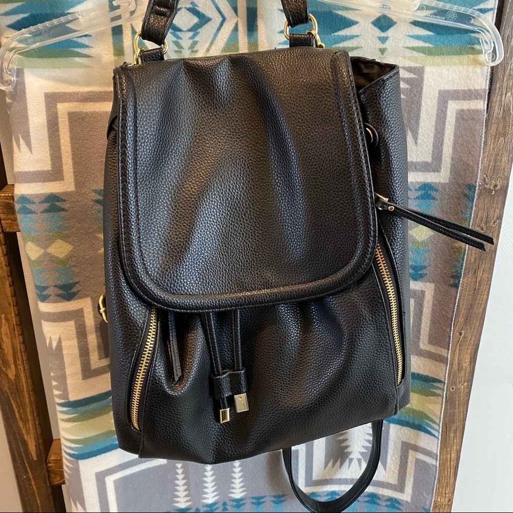 Black faux leather backpack